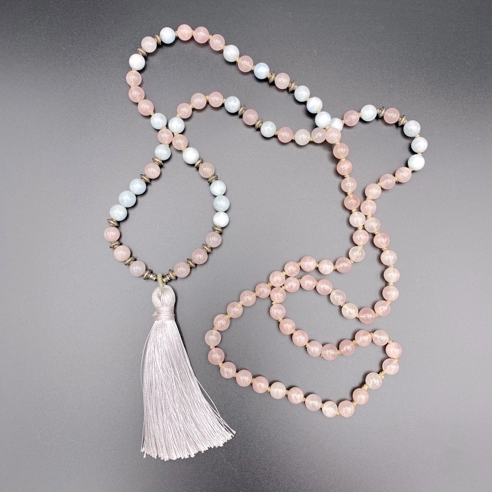 Rose Quartz + Aquamarine Semi Precious Handmade 108 Bead Mala Necklace
